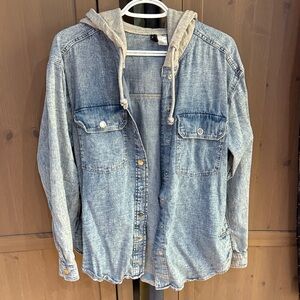 Divided Blue Denim Button Down Shirt with Gray Hood